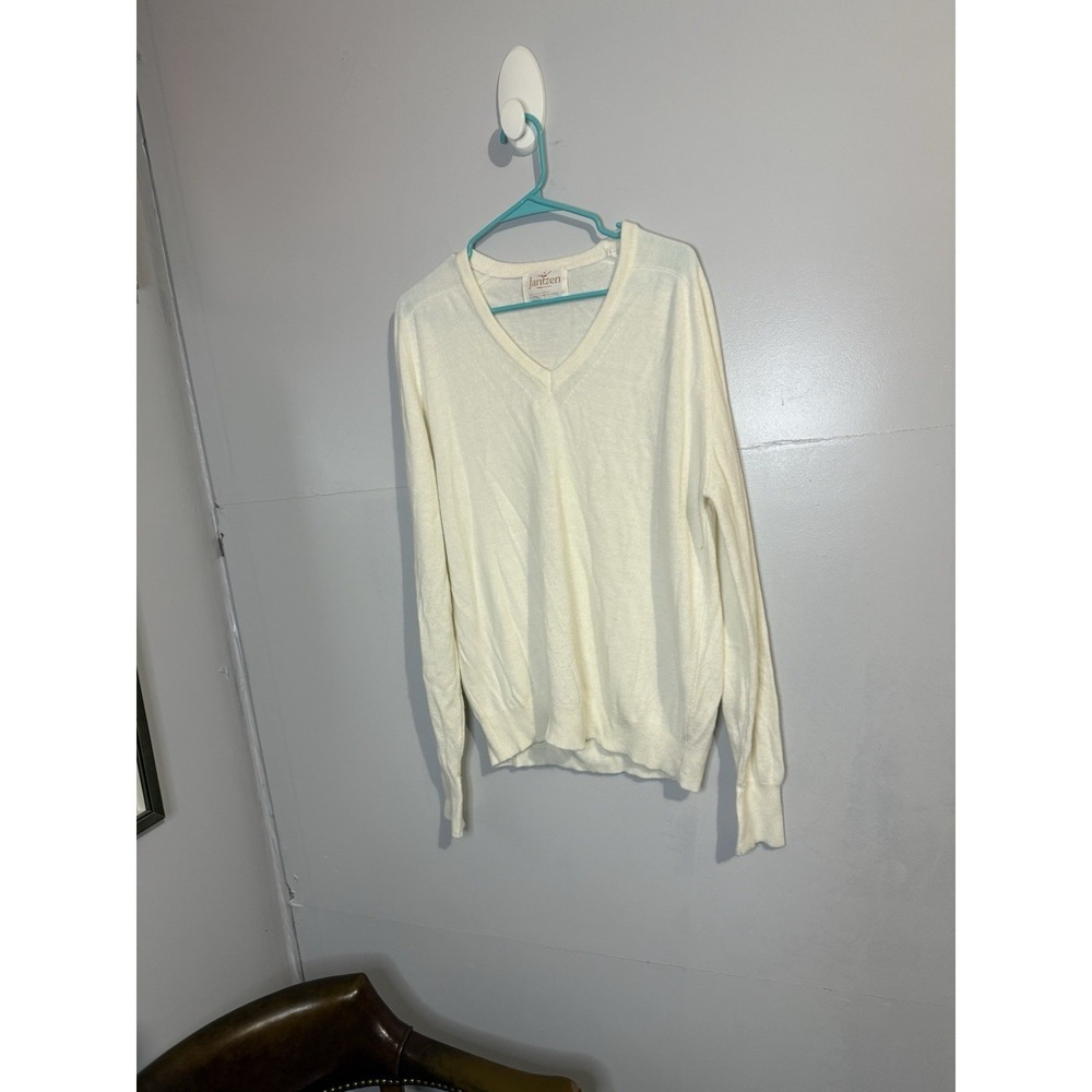 Vintage‎ Jantzen White Cream V-Neck Sweater Men's Size XL Made In USA
